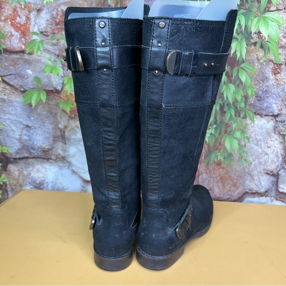 UGG Black Leather and Suede Shearling Sole Moto Style Zip Riding Boots, 6.5 - Picture 11 of 13